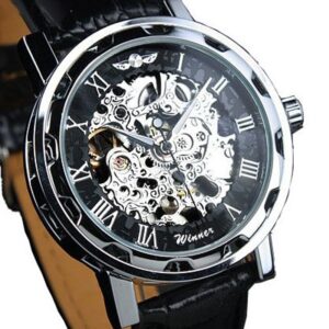 Black Leather Band Stainless Steel Skeleton Mechanical Watch