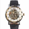 Black Leather Band Stainless Steel Skeleton Mechanical Watch - Image 4