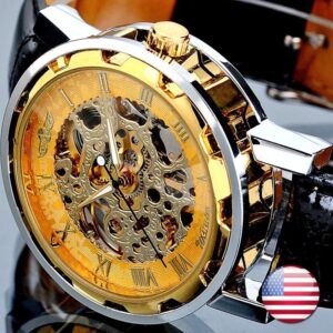 Black Leather Band Stainless Steel Skeleton Mechanical Watch