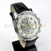 Black Leather Band Stainless Steel Skeleton Mechanical Watch - Image 5