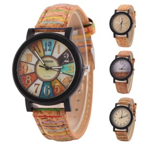 Unisex Flower Surface Wood Grain Leather Watch
