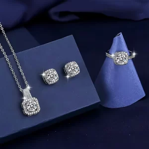 Square Zircon Necklace Earring Rings Set