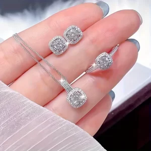Square Zircon Necklace Earring Rings Set