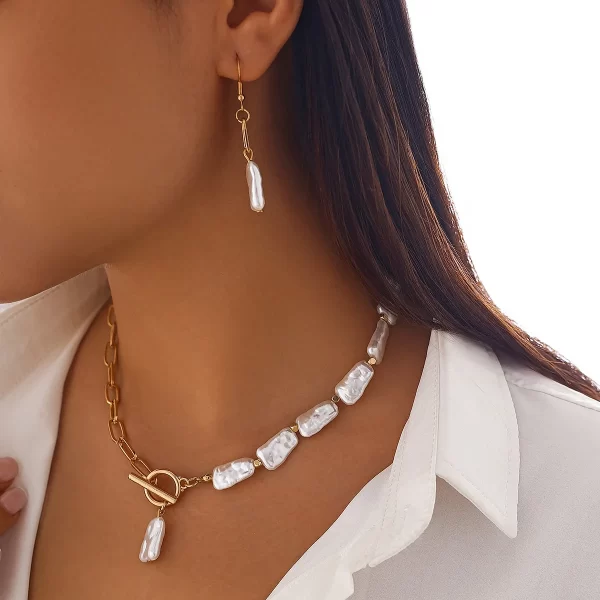 Boho Square Pearl Pendant Necklace Earrings Bracelet Set