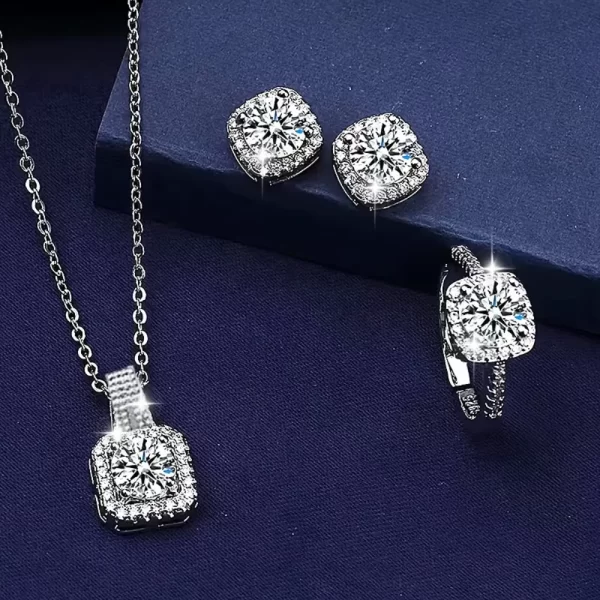 Square Zircon Necklace Earring Rings Set